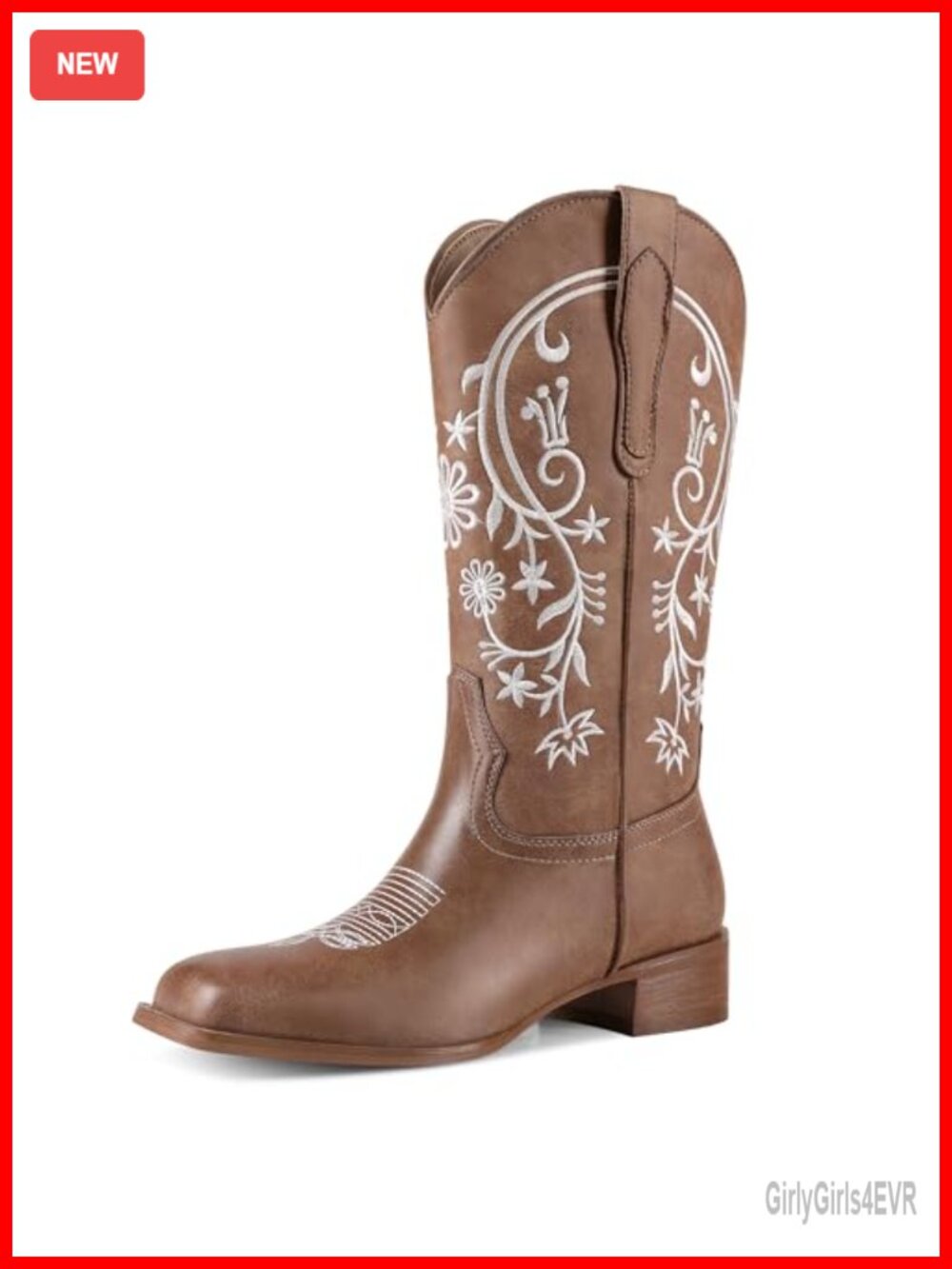 Women's Mid-Calf Cowboy Boots Square Toe Pull-On Low Chunky Heel PU Embroidery